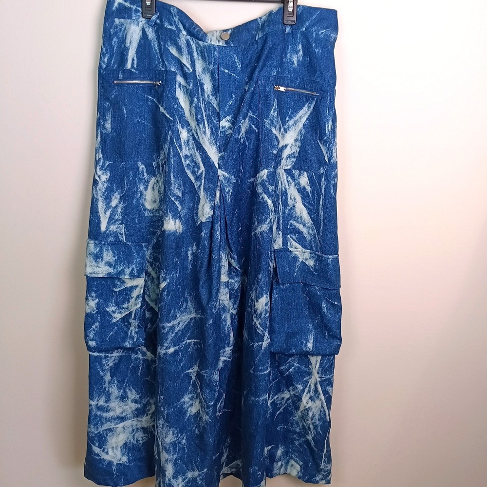 SHEIN Cargo Skirt Womens 3XL Blue Excellent Acid Wash Marble Utility Midi